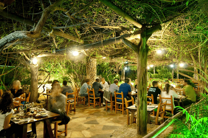 Ca's Pagès restaurant terrace at night, Ibiza.